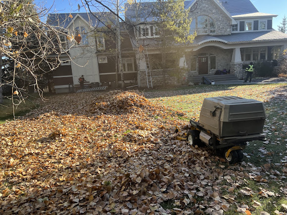 Crew and leaf-collection equipment working on an autumn property cleanup